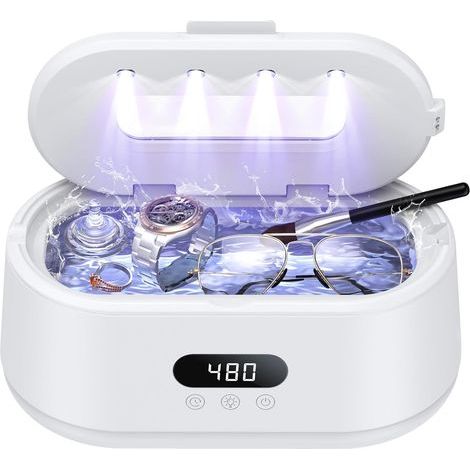 Nettoyeur de bijoux à ultrasons, 50 kHz, double modes et affichage LED, 5 modes de nettoyage, nettoyeur sonique 24 W pour bijoux, lunettes, montres, bagues, bracelet de montre (blanc) (1/5)