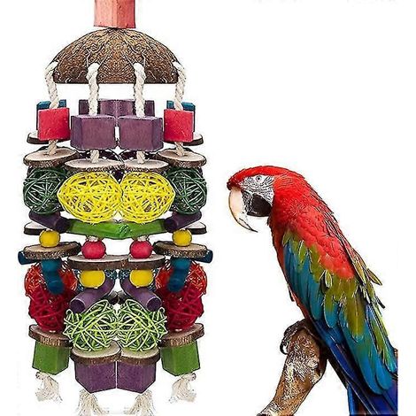 Grand jouet à mâcher pour perroquet, robuste et amélioré, jouet à mâcher pour cage à perruches, blocs de bois naturel multicolores à suspendre, jouet à mâcher pour oiseaux (1 pièce). (1/5)