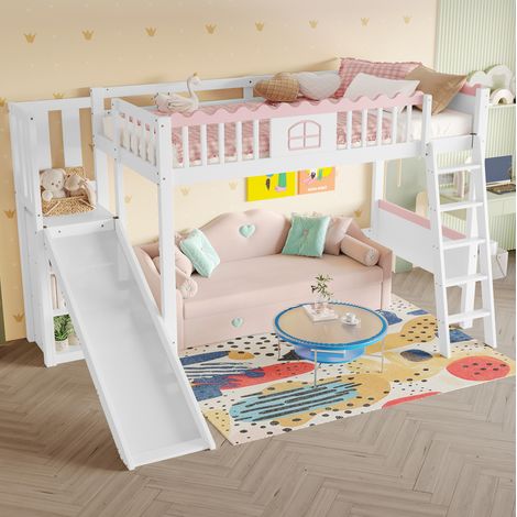 Letto rialzato 90x200 cm con mensola, scivolo e illuminazione LED con telecomando, senza materasso, bianco (1/5)