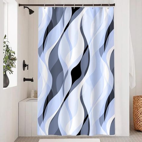 Rideau Douche - 120x180cm - Polyester Imperméable - Motif Rayures Bleues - Avec 8 Crochets (1/5)