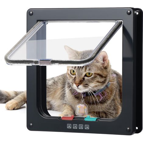 Puerta corrediza de seguridad para gatos con cerradura de 4 vías, puerta para gatos resistente a la intemperie para puertas interiores y exteriores, ventanas y paredes (negra, L) (1/5)