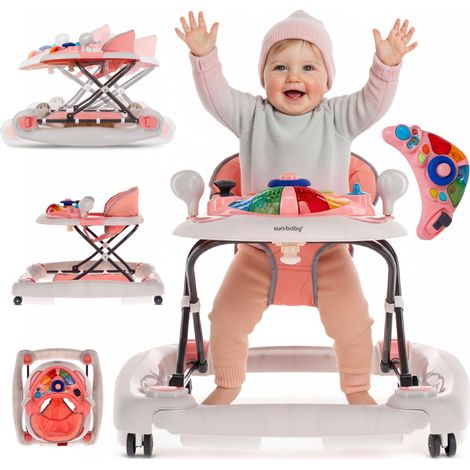 Andador interactivo para bebés con volante, color rosa y gris.