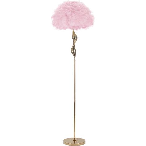 Lampada da terra Slim Rosa con piume rosa e stelo oro scultoree