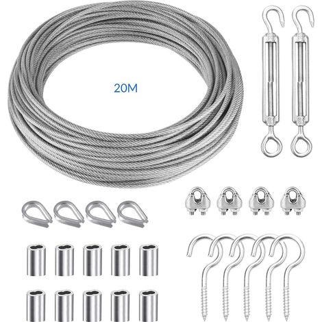 Stainless Steel Rope Hanging Kit 20M 304 Stainless Steel Wire Rope Heavy Duty PVC Coated for Clothesline, Light Hanging, Climbing Plant, Guardrail (1/5)
