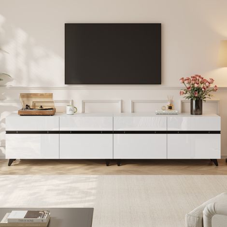Meuble TV 180x40x49 cm blanc en MDF avec façades brillantes, 4 rangements et structure stable (1/5)