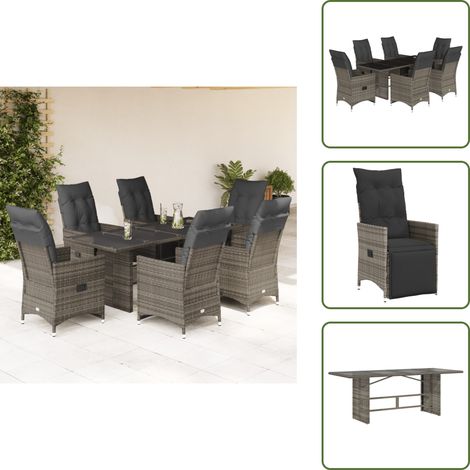 The Living Store 7-tlg. Garten-Bistro-Set mit Kissen Grau Poly Rattan - Gartenmöbel - Bistroset - Esstisch - Lounge Möbel - Outdoor Furniture (1/5)
