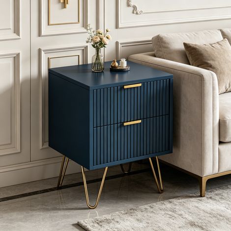 Commode 2 tiroirs, commode bleu marine avec pieds dorés et façade cannelée, meuble de rangement salon chambre