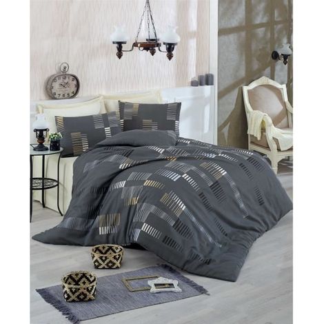 Parure de lit - 1 housse de couette 220x240 cm + 2 taies d'oreiller 60x60 cm - 65% coton, 35% polyester - Anthracite (1/5)
