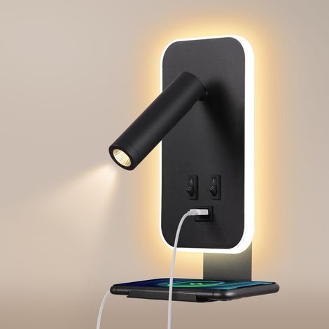 1 - Applique murale LED - Liseuse de chevet - Éclairage d'ambiance et lecture avec port USB et plateau - Pour chambre à coucher et salon - Noir - 3W+9W (1/5)