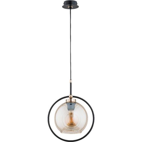 Alfa SELDI Modern Pendant Ceiling Lamp, clear glass shade with black metal ring and gold accents, 1-light 1xE27 max 15W dimmable, 28cm H90cm for dining/living room office