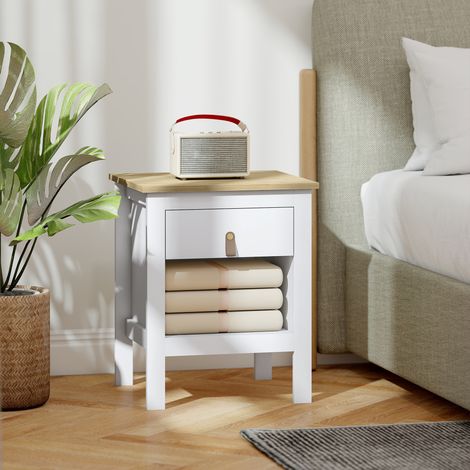 Mesilla de Noche con 1 Cajón Compartimento Abierto Tirador de PU Mesa Auxiliar para Salón Dormitorio 45x40x55 cm Blanco (1/5)