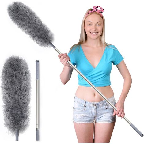 Waschbarer Teleskop-Staubwedel aus Mikrofaser und Edelstahl, Teleskopstange und flexible Eckbürste, waschbar, extra lang ausziehbar bis zu 254 cm, für Stoffdecken (1/5)