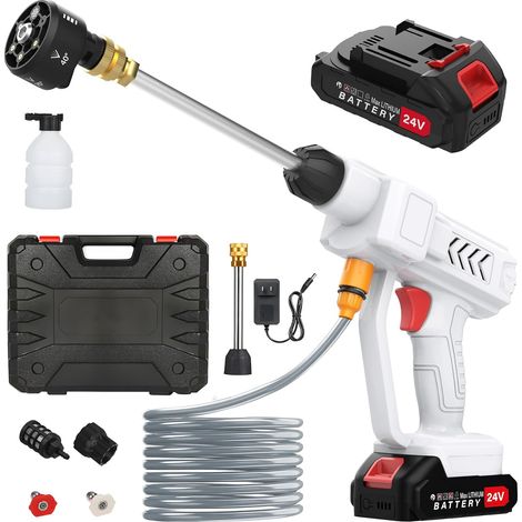 Nettoyeur Haute Pression sans Fil 18 Bar, Nettoyeur Haute Pression sur Batterie avec Buse 6 en 1, Tuyau de 5M, 2 Batteries, Pistolet Haute Pression sur Batterie pour Nettoyer Les Voitures, Sols (1/5)