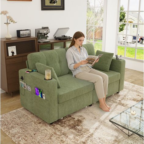 Canapé 2 places en chenille olive 172x75x82 cm avec 2 tiroirs, ports USB, porte-gobelets et poches latérales (1/5)