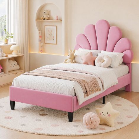 Lit 90x200 en velours rose avec tête fleur HAVRYA (1/5)