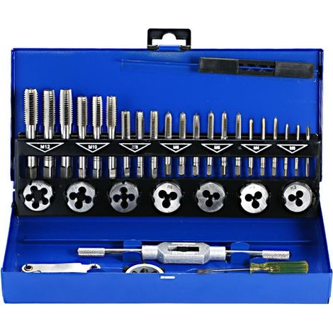 Coffret tarauds et filières 32 pièces – Acier allié pour métaux – Filetage à cône 55° – Clé à taraud et accessoires inclus - M3-M12 (1/5)