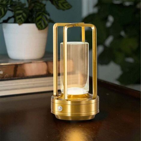Kristall-Tischlampe für drinnen und draußen, kabellose Ladelampe, kleine batteriebetriebene Tischlampe, 3-farbig dimmbar – Gold MUMU