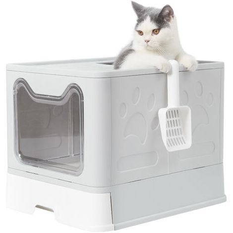 Bac à litière pour chat maison de toilette portable pour chat tiroir à litière coulissant porte battante lucarne + pelle fournis dim. 47L x 55l x 44H cm rose
