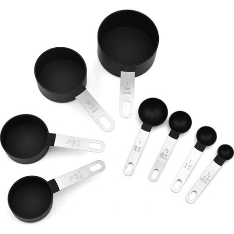 Messbecher und Messlöffel aus Kunststoff – 8-teiliges Set – Becher und Löffel – schwarz (1/5)