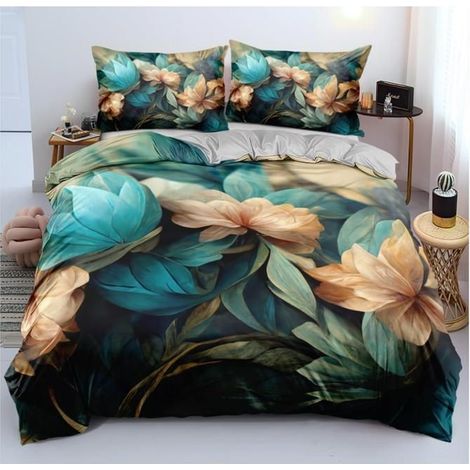 Housse de Couette 200x200 3D Fleurie Vert Gris Parure de Lit en Microfibre Motif Fleurs Adulte 2 Taies d'oreiller 65x65cm - DZW (1/4)