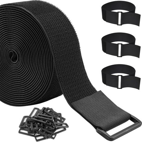 Attaches de câble réutilisables de 3.8 cm x 5 m avec 20 boucles, sangles réglables et robustes pour ranger les câbles, organiser des articles, attaches d'extérieur Noir