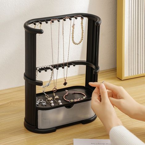 Présentoir à bijoux à 3 niveaux - Présentoir à colliers avec porte-boucles d'oreilles et porte-bracelets - Rangement anti-nœuds pour montres et bijoux - Idéal pour la coiffeuse et la salle de bain, po (1/2)
