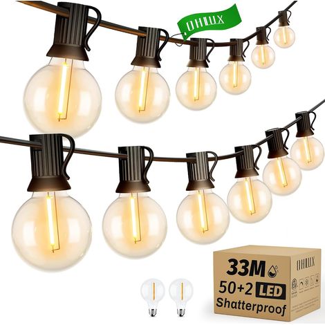 Guirlande LED Extérieure 33m/110FT, 52 Ampoules G40 (2 de Rechange) 2200K Blanc Chaud, IP65 Etanche Extensible, Classe Énergétique F, UKCA/CE, pour Terrasse Jardin Fêtes Mariages (1/5)
