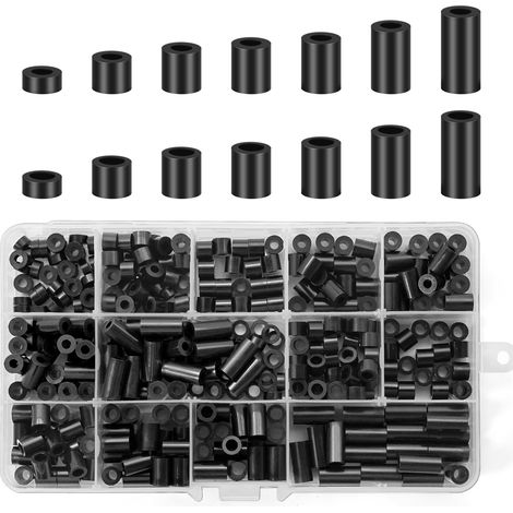 Lot de 360 entretoises rondes en plastique ABS noir - Douilles d'écartement M3 M4 - Entretoises murales et vis en nylon - Sans filetage - Rondelles d'écartement - Avec boîte de rangement (1/5)