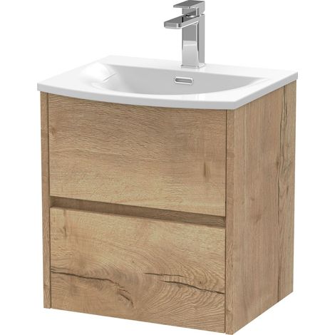 Chartley Contemporary 2 Drawer Wall Hung Vanity Unit with Curved Basin, Autumn Oak, 500mm