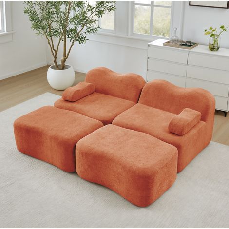 Canapé modulare 2 posti in velluto arancione con 2 pouf, design senza struttura e seduta profonda (1/5)
