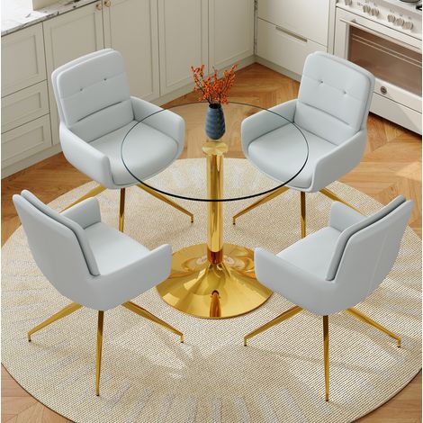 Conjunto de comedor redondo (85x85x76 cm), mesa de cristal templado y sillas giratorias, diseño elegante, vidrio y metal, PU, dorado, gris claro y transparente (1/5)