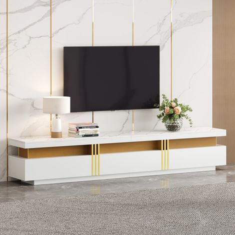 Mobile TV con 3 Cassetti e Passacavi, per TV fino a 90 Pollici, Effetto Marmo, Bianco, 200 x 40 x 42 cm (1/5)