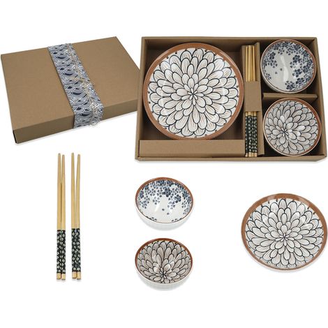 Set aus 2 Schüsseln, Essstäbchen und Teller für Ramen-Reis, asiatische Küche (1/3)
