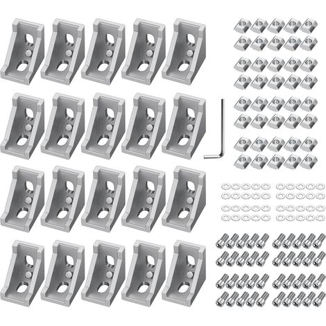 20 pièces Équerres de Fixation Aluminium 28x28x20mm - Pour Profilé à Rainure 6mm - Connecteurs d'Angle Droit avec Boulons M5x10mm - Série 2020 (1/5)