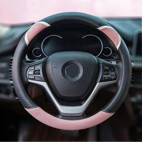 Niedlicher Lenkradbezug aus Kunstleder mit Carbonfaser-Optik, Autolenkradbezug für Damen, Universalgröße 15 Zoll (Pink) (1/5)