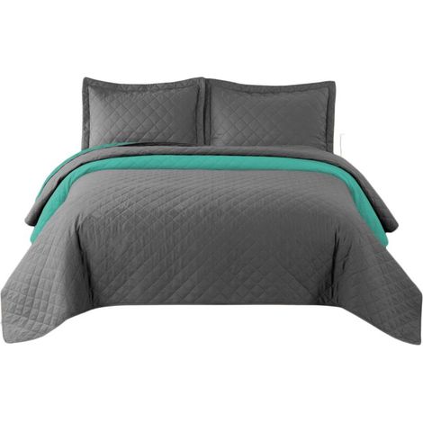 Couvre-lit réversible capitonné 2.20x2.40m – Polyester doux – Double face D.Grey-Mint pour décoration intérieure (1/3)