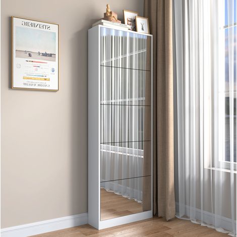 Zapatero con espejo de cuerpo entero, 5 puertas abatibles, MDF blanco, OKWISH (1/5)