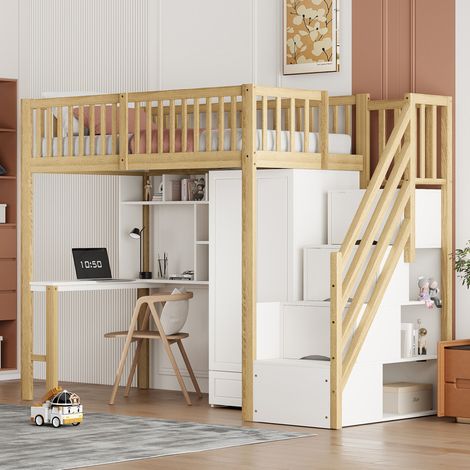 Letto rialzato bambini 90x200 cm con armadio, ripiani aperti, scrivania, scala portaoggetti e 1 cassetto, senza materasso, legno (1/5)