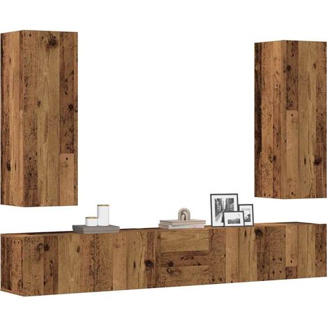 Conjunto de mueble de TV 5 piezas montado la pared madera vieja