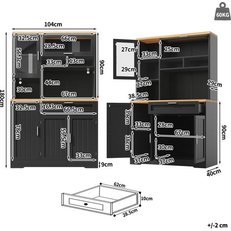 Meuble de cuisine haut / vitrine avec éclairage LED, 104x40x180 cm, blanc et noir, idéal pour cuisine et salon (1/5)
