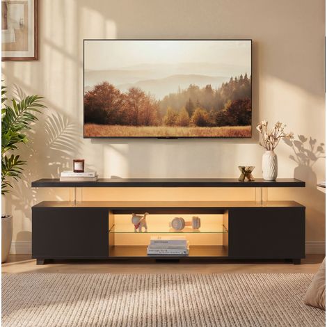 Mueble para TV de madera de ingeniería negro con LED multicolor, 3 espacios cerrados y 1 estante abierto (1/5)