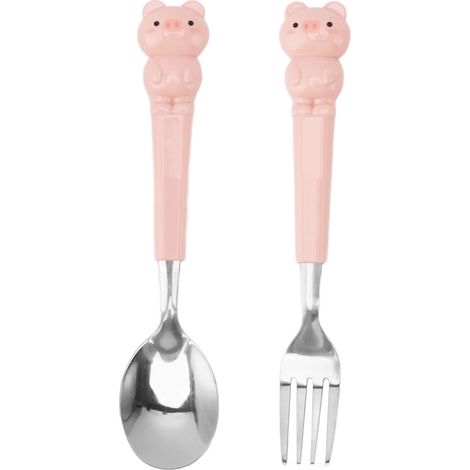 Ensemble de couverts 2 pièces en acier inoxydable, fourchette et cuillère, motif dessin animé mignon, cochon rose, vaisselle incurvée pour enfants