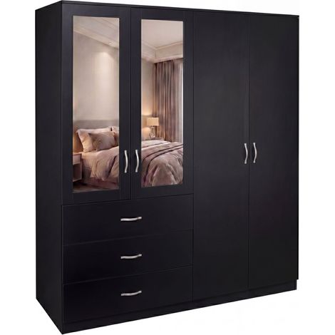 Vida Designs Riano 4 Door 3 Drawer Mirrored Wardrobe, Black (1/5)