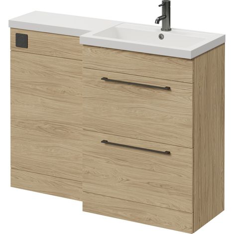 Napoli 390 Light Oak 1100mm 2 Drawer Vanity Unit Toilet Suite with Square Right Hand Lucia Basin - 1100mm - Gunmetal Grey 320mm HandleWithout Kingston Toilet Pan