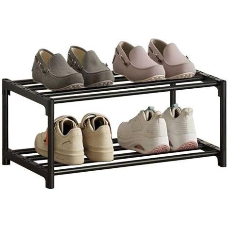 Étagère à chaussures à 2 niveaux, petite étagère à chaussures mince, revêtement antirouille, adaptée pour dortoir, maison de location, balcon, étagère à chaussures étroite empilable (noir, 2 (1/5)