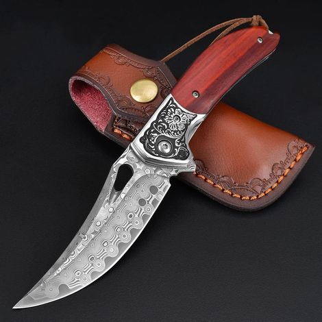 Damast Taschenmesser Klappmesser mit Holzgriff und Lederscheide