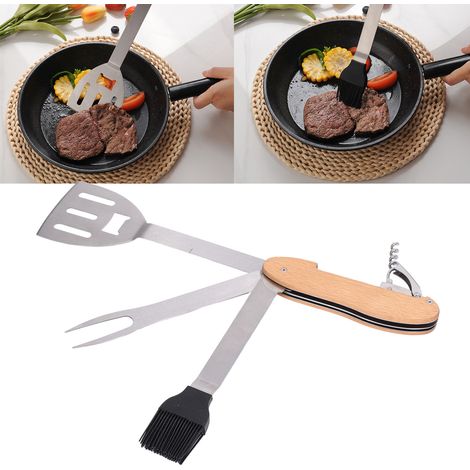 5-in-1 multifunktionales, faltbares und tragbares Grillbesteck-Set: Pfannenwender, Bürste, Gabel, Flaschenöffner, Edelstahl. (1/5)