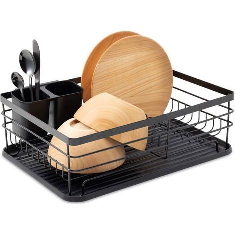 Égouttoir à vaisselle noir moderne 30 x 15 x 41,5 cm, métal et plastique, plateau amovible, nettoyage facile, accessoire de cuisine pratique (1/5)