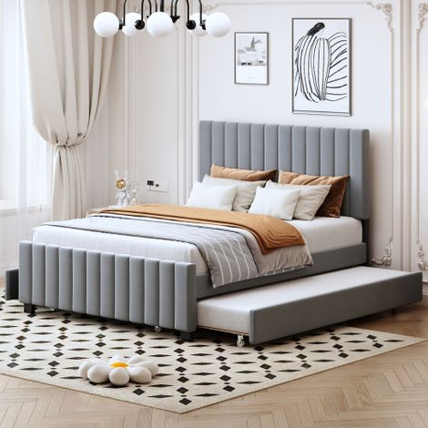 Polsterbett  mit Ausziehbett, flaches Einzelbett in hautfreundlichem Samtstoff Kinderbett Jugendbett Gästebett