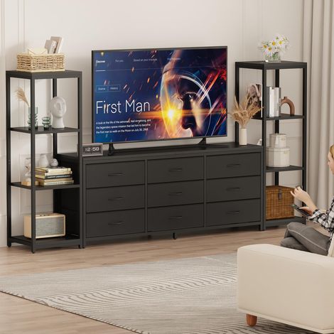 IDEALHOUSE Meuble TV industriel moderne pour TV jusqu’à 75 pouces - 9 tiroirs en tissu, 4 étagères, LED + prises intégrées, grand console multimédia pour salon - Noir (1/5)